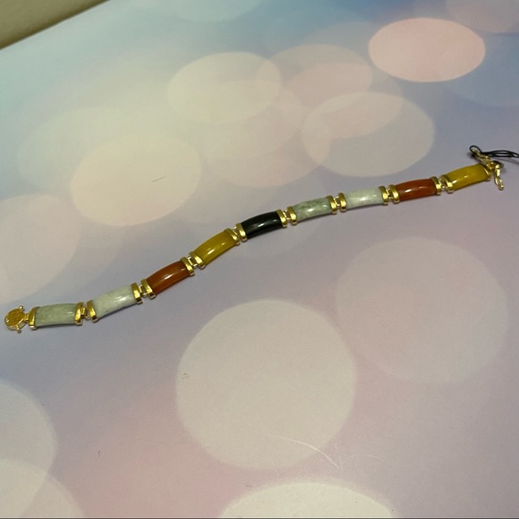 Genuine Multicolored Jade “Good Fortune” Bracelet in 18kt Gold Over SS. - Picture 7 of 10